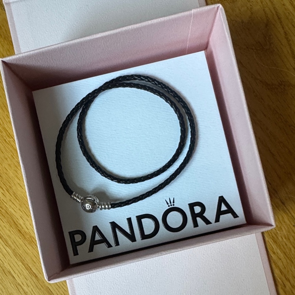 Pandora Moments Double Black Braided Woven Leather Bracelet w Sterling Silver